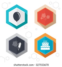 Hexagon buttons. Birthday party icons. Cake and gift box signs. Air balloon and fireworks symbol. Labels with shadow. Vector