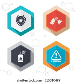 Hexagon buttons. Bug disinfection icons. Caution attention and shield symbols. Insect fumigation spray sign. Labels with shadow. Vector