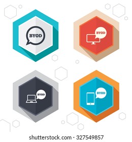 Hexagon buttons. BYOD icons. Notebook and smartphone signs. Speech bubble symbol. Labels with shadow. Vector