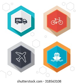 Hexagon buttons. Cargo truck and shipping icons. Shipping and eco bicycle delivery signs. Transport symbols. 24h service. Labels with shadow. Vector