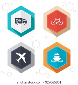 Hexagon buttons. Cargo truck and shipping icons. Shipping and eco bicycle delivery signs. Transport symbols. 24h service. Labels with shadow. Vector