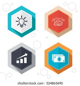 Hexagon buttons. Chart with arrow, brainstorm icons. Cash money and lamp idea signs. Scheme and Diagram symbol. Labels with shadow. Vector