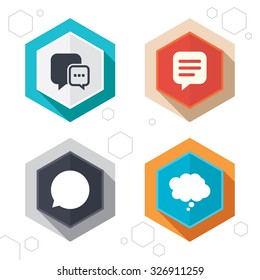 Hexagon buttons. Chat icons. Comic speech bubble signs. Communication think symbol. Labels with shadow. Vector