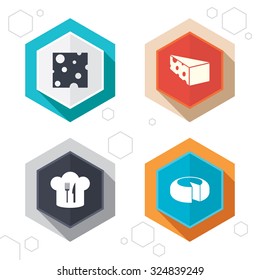 Hexagon buttons. Cheese icons. Round cheese wheel sign. Sliced food with chief hat symbols. Labels with shadow. Vector