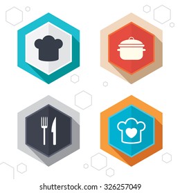 Hexagon buttons. Chief hat and cooking pan icons. Fork and knife signs. Boil or stew food symbols. Labels with shadow. Vector
