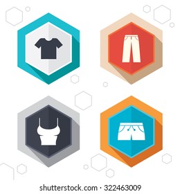 Hexagon buttons. Clothes icons. T-shirt and pants with shorts signs. Swimming trunks symbol. Labels with shadow. Vector
