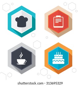 Hexagon buttons. Coffee cup icon. Chef hat symbol. Birthday cake signs. Document file. Labels with shadow. Vector