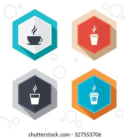 Hexagon buttons. Coffee cup icon. Hot drinks glasses symbols. Take away or take-out tea beverage signs. Labels with shadow. Vector