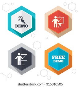Hexagon buttons. Demo with cursor icon. Presentation billboard sign. Man standing with pointer symbol. Labels with shadow. Vector