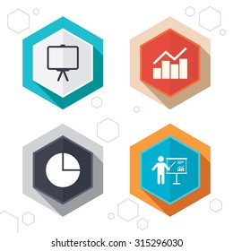 Hexagon buttons. Diagram graph Pie chart icon. Presentation billboard symbol. Man standing with pointer sign. Labels with shadow. Vector