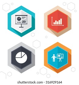 Hexagon buttons. Diagram graph Pie chart icon. Presentation billboard symbol. Supply and demand. Man standing with pointer. Labels with shadow. Vector