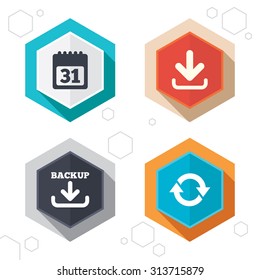 Hexagon buttons. Download and Backup data icons. Calendar and rotation arrows sign symbols. Labels with shadow. Vector