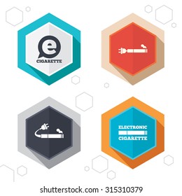 Hexagon buttons. E-Cigarette with plug icons. Electronic smoking symbols. Speech bubble sign. Labels with shadow. Vector