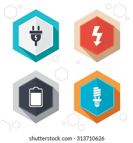 Hexagon buttons. Electric plug icon. Fluorescent lamp and battery symbols. Low electricity and idea signs. Labels with shadow. Vector