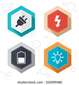Hexagon buttons. Electric plug icon. Light lamp and battery half symbols. Low electricity and idea signs. Labels with shadow. Vector