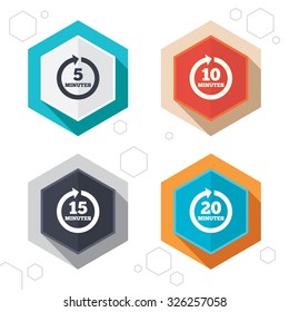 Hexagon buttons. Every 5, 10, 15 and 20 minutes icons. Full rotation arrow symbols. Iterative process signs. Labels with shadow. Vector
