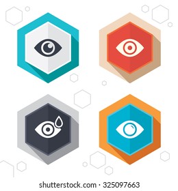 Hexagon buttons. Eye icons. Water drops in the eye symbols. Red eye effect signs. Labels with shadow. Vector