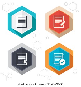 Hexagon buttons. File document icons. Download file symbol. Edit content with pencil sign. Select file with checkbox. Labels with shadow. Vector