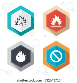 Hexagon buttons. Fire flame icons. Prohibition stop sign symbol. Labels with shadow. Vector