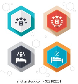 Hexagon buttons. Five stars hotel icons. Travel rest place symbols. Human sleep in bed sign. Labels with shadow. Vector