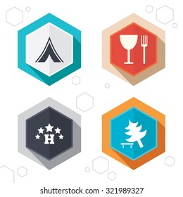 Hexagon buttons. Food, hotel, camping tent and tree icons. Wineglass and fork. Break down tree. Road signs. Labels with shadow. Vector