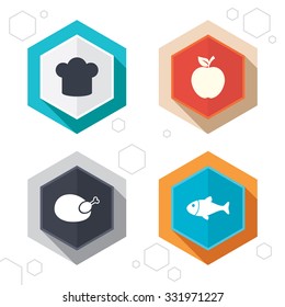 Hexagon buttons. Food icons. Apple fruit with leaf symbol. Chicken hen bird meat sign. Fish and Chef hat icons. Labels with shadow. Vector