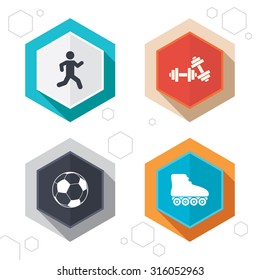 Hexagon buttons. Football ball, Roller skates, Running icons. Fitness sport symbols. Gym workout equipment. Labels with shadow. Vector