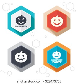 Hexagon buttons. Halloween pumpkin icons. Halloween party sign symbol. All Hallows Day celebration. Labels with shadow. Vector