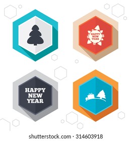 Hexagon buttons. Happy new year icon. Christmas trees signs. World globe symbol. Labels with shadow. Vector