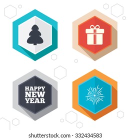 Hexagon buttons. Happy new year icon. Christmas tree and gift box signs. Fireworks explosive symbol. Labels with shadow. Vector