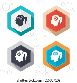Hexagon buttons. Head with brain icon. Female woman think symbols. Cogwheel gears signs. Labels with shadow. Vector