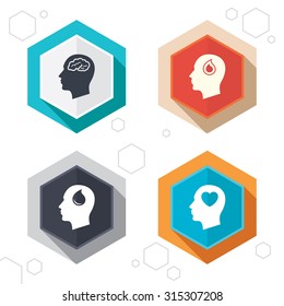 Hexagon buttons. Head with brain icon. Male human think symbols. Blood drop donation sign. Love heart. Labels with shadow. Vector