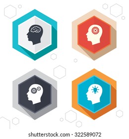 Hexagon buttons. Head with brain and idea lamp bulb icons. Male human think symbols. Cogwheel gears signs. Labels with shadow. Vector