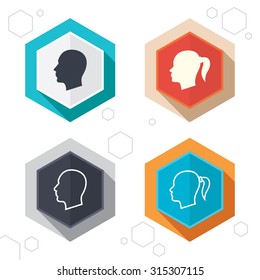 Hexagon buttons. Head icons. Male and female human symbols. Woman with pigtail signs. Labels with shadow. Vector