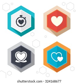 Hexagon buttons. Heart ribbon icon. Timer stopwatch symbol. Love and Heartbeat palpitation signs. Labels with shadow. Vector