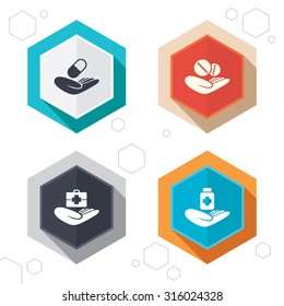 Hexagon buttons. Helping hands icons. Medical health insurance symbols. Drugs pills bottle signs. Medicine tablets. Labels with shadow. Vector