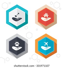 Hexagon buttons. Helping hands icons. Shelter for dogs symbol. Home house or real estate and key signs. Flight trip insurance. Labels with shadow. Vector
