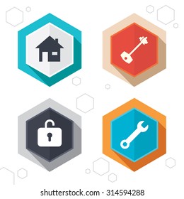 Hexagon buttons. Home key icon. Wrench service tool symbol. Locker sign. Main page web navigation. Labels with shadow. Vector