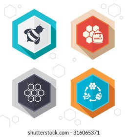 Hexagon buttons. Honey icon. Honeycomb cells with bees symbol. Sweet natural food signs. Labels with shadow. Vector