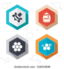 Hexagon buttons. Honey icon. Honeycomb cells with bees symbol. Sweet natural food signs. Labels with shadow. Vector