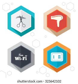 Hexagon buttons. Hotel services icons. Wi-fi, Hairdryer and deposit lock in room signs. Wireless Network. Hairdresser or barbershop symbol. Labels with shadow. Vector