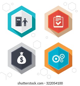 Hexagon buttons. Human resources icons. Checklist document sign. Money bag and gear symbols. Man at the door. Labels with shadow. Vector