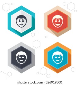 Hexagon buttons. Human smile face icons. Happy, sad, cry signs. Happy smiley chat symbol. Sadness depression and crying signs. Labels with shadow. Vector