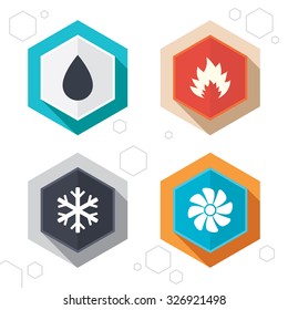 Hexagon buttons. HVAC icons. Heating, ventilating and air conditioning symbols. Water supply. Climate control technology signs. Labels with shadow. Vector