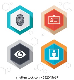 Hexagon buttons. Identity ID card badge icons. Eye and fingerprint symbols. Authentication signs. Photo frame with human person. Labels with shadow. Vector