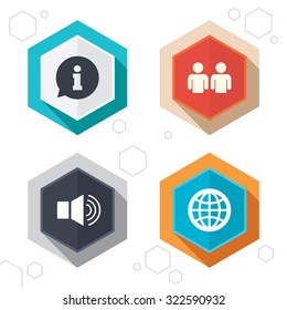 Hexagon buttons. Information sign. Group of people and speaker volume symbols. Internet globe sign. Communication icons. Labels with shadow. Vector