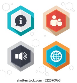 Hexagon buttons. Information sign. Group of people and speaker volume symbols. Internet globe sign. Communication icons. Labels with shadow. Vector