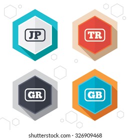 Hexagon buttons. Language icons. JP, TR, GR and GB translation symbols. Japan, Turkey, Greece and England languages. Labels with shadow. Vector