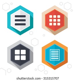 Hexagon buttons. List menu icons. Content view options symbols. Thumbnails grid or Gallery view. Labels with shadow. Vector