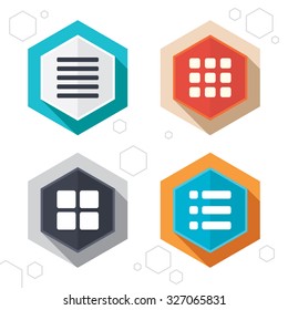 Hexagon buttons. List menu icons. Content view options symbols. Thumbnails grid or Gallery view. Labels with shadow. Vector